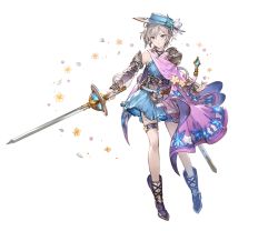 Rule 34 | 10s, 1girl, anastasia (idolmaster), blue eyes, boots, cape, dress, elbow gloves, flower, full body, gloves, granblue fantasy, hat, holding, holding weapon, idolmaster, idolmaster cinderella girls, jewelry, knee boots, minaba hideo, necklace, official art, short dress, short hair, shoulder pads, silver hair, solo, sparkle, standing, sword, transparent background, weapon
