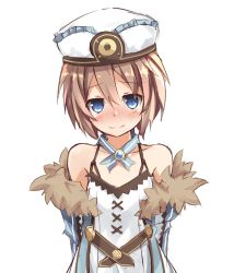 Rule 34 | 1girl, arms behind back, bare shoulders, blanc (neptunia), blue eyes, blush, brown hair, fur trim, hat, himajin (starmine), neptune (series), short hair, shy, simple background, smile, solo, upper body, white background