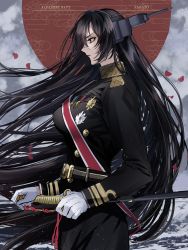 Rule 34 | 1girl, absurdres, black hair, breasts, character name, closed mouth, from side, gloves, gold belt, gold trim, hair between eyes, hair blowing, headgear, highres, ichimonme (ichi), kantai collection, katana, large breasts, long hair, long sleeves, medal, military, military uniform, nagato (kancolle), naval uniform, petals, profile, red eyes, red ribbon, ribbon, sash, sheath, sheathed, solo, straight hair, sword, uniform, water, waves, weapon, white gloves