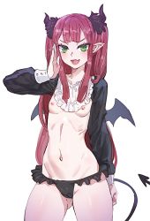 Rule 34 | 1girl, :d, black panties, blush, bow (bhp), breasts, demon horns, demon tail, fang, frilled panties, frills, green eyes, hand up, horns, long hair, long sleeves, looking at viewer, navel, nipples, open mouth, panties, pointy ears, red hair, rizu-kyun, shrug (clothing), skin fang, small breasts, smile, solo, sono bisque doll wa koi wo suru, tail, topless, two side up, underwear, very long hair