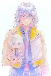 Rule 34 | 1boy, bare arms, belt, blue eyes, cropped vest, grey hair, grey shirt, hair between eyes, highres, holding, holding stuffed toy, kingdom hearts, kingdom hearts ii, looking at object, male focus, medium hair, midriff peek, multicolored vest, muscular, muscular male, riku (kingdom hearts), ruy, shirt, sleeveless, sleeveless shirt, solo, stuffed toy, upper body, vest, white background