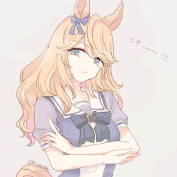 Rule 34 | 1girl, animal ears, blonde hair, blue eyes, bow, bowtie, closed mouth, crossed arms, ear bow, frown, gold city (umamusume), horse ears, horse girl, horse tail, inutose, long hair, looking at viewer, purple shirt, sailor collar, school uniform, shirt, short sleeves, solo, tail, tracen school uniform, twitter username, umamusume, upper body