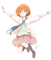 Rule 34 | 10s, 1girl, absurdres, artist name, bag, black socks, blouse, blush, bracelet, brown footwear, full body, green shirt, hair ornament, hairclip, handbag, hayate-s, highres, hoshizora rin, jewelry, charm (object), kneehighs, looking at viewer, love live!, love live! school idol festival, love live! school idol project, necklace, one side up, orange hair, outstretched arms, pink skirt, plaid, plaid skirt, shirt, shoes, short hair, signature, skirt, smile, socks, solo, sonic (series), sonic the hedgehog, spread arms, strap, sweater, white background, yellow eyes
