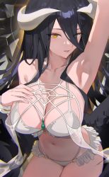 Rule 34 | 1girl, albedo (overlord), arm up, armpits, bikini, black hair, black wings, breasts, demon girl, demon horns, demon wings, frills, hair over one eye, highres, hood (james x), horns, large breasts, long bangs, long hair, looking at viewer, multi-strapped bikini, navel, o-ring, o-ring bikini, overlord (maruyama), parted lips, solo, stomach, swimsuit, white bikini, white horns, wings, yellow eyes