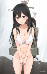 Rule 34 | 10s, 1girl, bad id, bad twitter id, bikini, bikini top only, black eyes, black hair, blush, bottomless, breasts, breasts squeezed together, cleavage, covering privates, covering crotch, cowboy shot, female focus, gradient background, kantai collection, large breasts, long hair, looking at viewer, navel, no panties, own hands together, rigging, smile, solo, swimsuit, takaharu, ushio (kancolle), v arms