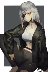 Rule 34 | 1girl, black jacket, bra, braid, breasts, collarbone, denim, eyepatch, fishnets, foot out of frame, frown, girls&#039; frontline, grey background, hand on own leg, highres, jacket, jeans, long hair, long sleeves, m16a1 (boss) (girls&#039; frontline), m16a1 (girls&#039; frontline), medium breasts, midriff, navel, open clothes, open jacket, pants, scar, scar on face, simple background, single braid, sitting, solo, torn clothes, torn jeans, torn pants, underwear, white background, white bra, white hair, xanax025, yellow eyes