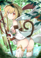 Rule 34 | 10s, 1girl, absurdres, andira (granblue fantasy), animal ears, ass, bare shoulders, blonde hair, breasts, detached sleeves, erune, from behind, granblue fantasy, hair between eyes, hair ornament, highres, looking at viewer, monkey ears, monkey tail, open mouth, outdoors, red eyes, shibakame, shibakame (917narto8537), short hair, sideboob, small breasts, solo, staff, tail, thighhighs, thighs, white thighhighs, wide sleeves