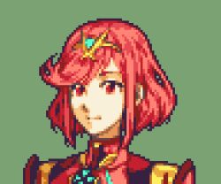 Rule 34 | 1girl, close-up, closed mouth, commentary, commission, english commentary, fire emblem, glaceo, green background, lowres, nintendo, parody, pixel art, portrait, pyra (xenoblade), red eyes, red hair, short hair, simple background, solo, style parody, upper body, xenoblade chronicles (series), xenoblade chronicles 2