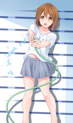 Rule 34 | 1girl, blue skirt, blush, bob cut, brown eyes, brown hair, collarbone, commentary request, dresstrip, hair between eyes, hair ornament, hairclip, hirasawa yui, holding, holding hose, hose, k-on!, looking at viewer, miniskirt, open mouth, shirt, short hair, short sleeves, skirt, smile, solo, thighs, water, white shirt