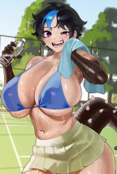 Rule 34 | 1girl, absurdres, bikini, bikini top only, black hair, blue bikini, blue hair, blue sky, bottle, breasts, cleavage, highres, huge breasts, looking at viewer, monster girl, multicolored hair, navel, nia (nia4294), open mouth, original, pleated skirt, purple eyes, shadow, short hair, skindentation, skirt, sky, smile, solo, sparkle, spiked tail, string bikini, sweat, swimsuit, tail, tennis court, tree, water bottle, white skirt