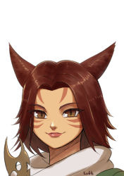 Rule 34 | 1girl, animal ears, brown eyes, brown hair, cat ears, closed mouth, commentary, commission, facial mark, final fantasy, final fantasy xiv, looking at viewer, lutherniel, medium hair, miqo&#039;te, portrait, red lips, signature, simple background, slit pupils, smile, solo, warrior of light (ff14), whisker markings, white background