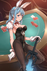 Rule 34 | 10s, 1girl, animal ears, bad id, bad pixiv id, black pantyhose, blue eyes, blue hair, breasts, card, cleavage, detached collar, detached sleeves, fake animal ears, gloves, granblue fantasy, highres, kyuuso inukami, leotard, long hair, matching hair/eyes, pantyhose, playboy bunny, playing card, rabbit ears, sitting, smile, solo, sword, therese (granblue fantasy), weapon, white gloves