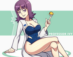 Rule 34 | 1girl, arm support, balancing ball, breasts, character name, cleavage, collarbone, covered navel, creatures (company), crossed legs, game freak, half-closed eyes, invisible chair, lab coat, large breasts, long sleeves, looking at viewer, mature female, nintendo, one-piece swimsuit, parted lips, philena ivy, pointing, pointing up, poke ball, pokemon, pokemon (anime), pokemon (classic anime), purple eyes, purple hair, scott bennett, short hair, simple background, sitting, smile, solo, strapless, swimsuit