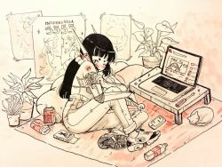 Rule 34 | 1girl, animal, bad id, bad tumblr id, bare shoulders, black hair, blush, bottle, can, carpet, cat, commentary, computer, crisalys, cyborg, drink can, female focus, flower pot, flying sweatdrops, food, handheld game console, holding, indoors, interstella 5555, laptop, leaf, long hair, looking at viewer, monochrome, nose blush, one eye closed, original, pants, plant, pocky, poster (object), screw, screwdriver, shoes, sitting, sneakers, soda can, solo, table, topless, water bottle, wrench