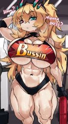 Rule 34 | 1girl, ?, absurdres, alternate height, blonde hair, breasts, bursting breasts, english text, barghest (fate), fate/grand order, fate (series), groin, heterochromia, highres, huge breasts, long hair, muscular, muscular female, solo, sweat, tank top, underboob, zanamaoria