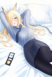 Rule 34 | 1girl, absurdres, animal ear fluff, animal ears, arms behind head, bed, black pantyhose, blonde hair, blue archive, blue eyes, blue necktie, blue shirt, blue skirt, blush, bokuhakiyoshi, bralines, breasts, chain, collared shirt, condom, dress shirt, fang, fox ears, hair over one eye, highres, id card, kanna (blue archive), large breasts, long hair, long sleeves, looking at viewer, lying, miniskirt, necktie, on back, on bed, pantyhose, parted lips, pillow, police, police badge, police uniform, policewoman, shirt, skin fang, skirt, solo, thighs, uniform, wallet, wing collar
