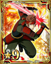 Rule 34 | 10s, 1boy, armor, black gloves, black socks, brown eyes, brown hair, card (medium), clenched teeth, gloves, holding, holding sword, holding weapon, klein (sao), leg up, looking at viewer, male focus, red armor, socks, solo, spiked hair, star (symbol), sword, sword art online, teeth, weapon