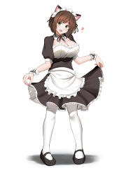 Rule 34 | absurdres, animal ears, black footwear, bob cut, breasts, brown hair, cat ears, cleavage, clothes lift, detached collar, dress, fang, frilled dress, frills, full body, green eyes, head tilt, highres, idolmaster, idolmaster cinderella girls, j yak47, large breasts, looking at viewer, maekawa miku, maid, maid headdress, mary janes, open mouth, shoes, short hair, short sleeves, simple background, skirt, skirt lift, smile, solo, thighhighs, white background, white thighhighs, wrist cuffs, zettai ryouiki