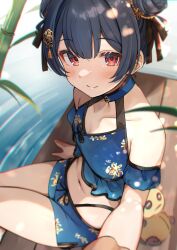 1girl bamboo bikini black_hair black_ribbon blue_bikini blush check_commentary collarbone commentary_request day detached_sleeves double_bun flat_chest floral_print hair_between_eyes hair_bun hair_ornament hair_ribbon highleg highleg_bikini highres idolmaster idolmaster_shiny_colors looking_at_viewer morino_rinze navel official_alternate_costume puffy_short_sleeves puffy_sleeves red_eyes ribbon shiitake_taishi short_sleeves sidelocks sitting smile stomach stuffed_toy swimsuit thighs water