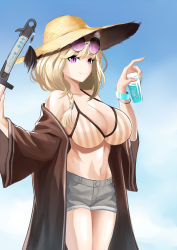 Rule 34 | 1girl, animal ear fluff, animal ears, aqua nails, arknights, bare shoulders, bikini, blonde hair, blue sky, bracelet, braid, breasts, brown jacket, commentary, cowboy shot, cup, day, drinking glass, eyewear on head, grey shorts, hands up, hat, highres, holding, holding cup, jacket, jewelry, large breasts, long sleeves, nail polish, navel, off shoulder, official alternate costume, open clothes, open jacket, outdoors, purple eyes, rankketer, revision, short hair, short shorts, shorts, side braid, single braid, sky, smile, solo, standing, stomach, striped bikini, striped clothes, sun hat, sunglasses, swimsuit, swimsuit cover-up, thighs, utage (arknights), utage (summer flowers) (arknights), vertical-striped bikini, vertical-striped clothes, wide sleeves