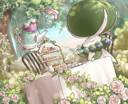 Rule 34 | bush, cake stand, calyrex, chair, closed mouth, commentary request, creatures (company), cup, closed eyes, flower, food, game freak, gen 8 pokemon, highres, holding, holding cup, leaf, legendary pokemon, mont blanc (food), nintendo, outdoors, pokemon, pokemon (creature), polteageist, ringo cha, rose, sinistea, sitting, sweets, table, tea party, teacup, teapot, tree, u u, white flower, white rose
