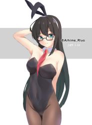 Rule 34 | 1girl, aihime riyo, alternate breast size, animal ears, arm behind head, black hair, black leotard, breasts, brown pantyhose, cowboy shot, dated, detached collar, fake animal ears, green eyes, highres, kantai collection, leotard, long hair, looking at viewer, necktie, ooyodo (kancolle), pantyhose, playboy bunny, rabbit ears, red necktie, semi-rimless eyewear, small breasts, solo, strapless, strapless leotard, twitter username, two-tone background, under-rim eyewear, white background