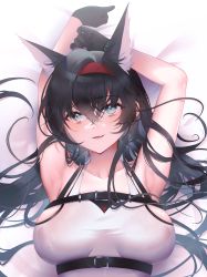 Rule 34 | 1girl, absurdres, animal ear fluff, animal ears, aqua eyes, arknights, armpits, arms up, bad id, bad pixiv id, bed sheet, black gloves, black hair, blaze (arknights), blush, bracelet, breasts, buckle, cat ears, collarbone, fang, gloves, hair between eyes, hairband, highres, infection monitor (arknights), jewelry, large breasts, long hair, looking at viewer, lying, moonlgnance, on back, on bed, parted lips, red hairband, shirt, sleeveless, sleeveless shirt, smile, solo, underbust, very long hair, white shirt