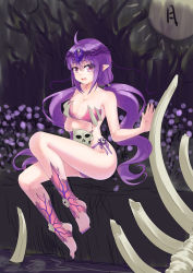 Rule 34 | 1girl, absurdres, ahoge, barefoot, breasts, cleavage, feet, highres, large breasts, long hair, looking at viewer, low twintails, open mouth, pointy ears, purple eyes, purple hair, sitting, skull, toes, twintails