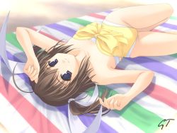 Rule 34 | 1990s (style), 1girl, acid head, ahoge, aizawa tomomi, bare shoulders, blanket, blue eyes, bow, brown hair, casual one-piece swimsuit, female focus, hair bow, lying, on side, one-piece swimsuit, pia carrot (series), pia carrot e youkoso!!, pia carrot e youkoso!! 3, sand, smile, solo, swimsuit, towel, twintails, upside-down
