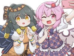Rule 34 | 2girls, animal ears, bird ears, bird wings, black hair, blush, cellphone, coruthi, double v, hair between eyes, holding, holding phone, hollow song of birds, multiple girls, mystia lorelei, nebet tefet, one eye closed, open mouth, phone, pink eyes, pink hair, short hair, short sleeves, simple background, smartphone, smile, touhou, v, white background, white wings, wings, yellow eyes