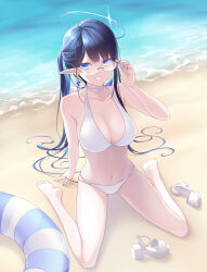 Rule 34 | 1girl, :d, absurdres, adjusting eyewear, alternate costume, alternate hairstyle, barefoot, beach, bikini, black hair, blue archive, blue eyes, blunt bangs, blurry, breasts, choker, cleavage, collarbone, colored inner hair, depth of field, earrings, from above, glasses, hair between eyes, halo, highres, innertube, jewelry, large breasts, legs, long hair, looking at viewer, midorino eni, multicolored hair, nail polish, navel, ocean, open mouth, pointy ears, rin (blue archive), semi-rimless eyewear, shoes, shore, sidelocks, sitting, sleeveless, smile, soles, solo, stomach, swim ring, swimsuit, toes, twintails, unworn shoes, wariza, white bikini