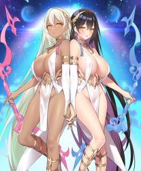 Rule 34 | 2girls, :o, absurdly long hair, apollo (evertale), artemis (evertale), back-to-back, bare shoulders, black hair, blush, bow (weapon), breasts, bridal gauntlets, center opening, closed mouth, clothing cutout, cloud, contrast, covered erect nipples, dangle earrings, dark-skinned female, dark skin, earrings, evertale, frown, gold, gold hairband, gold trim, groin, hair between eyes, hairband, holding, holding bow (weapon), holding hands, holding weapon, jewelry, large breasts, laurel crown, lens flare, light particles, long hair, looking at viewer, multiple girls, navel, navel cutout, no panties, official art, pelvic curtain, planet, popqn, revealing clothes, sandals, shiny skin, siblings, sisters, sky, space, standing, standing on one leg, star (sky), starry sky, twins, v-shaped eyebrows, very long hair, weapon, white bridal gauntlets, white hair, white nails, yellow eyes