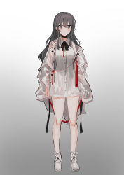 Rule 34 | 1girl, absurdres, arms at sides, bare legs, black choker, black ribbon, blush, chihuri, choker, closed mouth, collared dress, collared shirt, commentary request, dress, dress shirt, expressionless, footwear ribbon, full body, gradient background, grey background, grey eyes, grey hair, grey pupils, hair between eyes, highres, jacket, light blush, long hair, long shirt, looking at viewer, naked shirt, neck ribbon, original, poncho, red ribbon, ribbon, see-through, see-through jacket, shirt, shoes, short dress, sidelocks, sleeveless, sleeveless dress, sleeveless shirt, solo, standing, string, string of fate, tareme, wavy hair, white background, white dress, white footwear, white ribbon, white shirt, wing collar