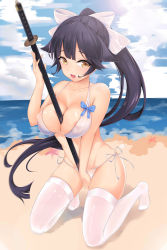 Rule 34 | 1girl, 2017, absurdres, areola slip, artist name, azur lane, bare arms, bare shoulders, beach, between breasts, bikini, black hair, blue bikini, blue sky, blunt bangs, bow, bow bikini, breasts, cleavage, cloud, cloudy sky, collarbone, commentary request, covered erect nipples, dated, day, fangs, fingernails, groin, hair bow, hair ornament, highres, holding, holding sword, holding weapon, katana, kneeling, large breasts, legs apart, long fingernails, long hair, looking at viewer, mikawa sansen, ocean, open mouth, outdoors, ponytail, scabbard, seashell, sheath, sheathed, shell, shiny clothes, side-tie bikini bottom, skindentation, sky, solo, starfish, string bikini, swimsuit, sword, takao (azur lane), tearing up, tears, teeth, thighhighs, tongue, very long hair, water, weapon, white bikini, white bow, white thighhighs, yellow eyes