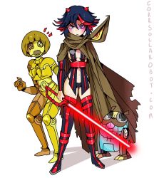 Rule 34 | 2girls, android, blue eyes, c-3po, c-3po (cosplay), cosplay, crossover, energy sword, guts (kill la kill), highres, kill la kill, lightsaber, mankanshoku mako, matoi ryuuko, multicolored hair, multiple girls, open mouth, r2-d2, r2-d2 (cosplay), red lightsaber, sith, star wars, sword, tagme, trigger (company), two-tone hair, weapon, white background
