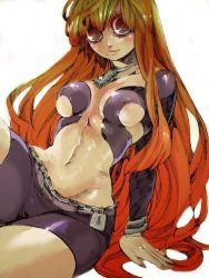 Rule 34 | 1girl, breasts, brown eyes, cleavage, female focus, jewelry, long hair, mankintan, mithra (psyren), navel, necklace, orange hair, psyren, smile, solo, white background