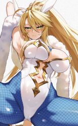 Rule 34 | 1girl, ahoge, animal ears, arm up, armpits, artoria pendragon (all), artoria pendragon (fate), artoria pendragon (swimsuit ruler) (fate), blonde hair, blue necktie, blue pantyhose, braid, breasts, cluseller, detached collar, expressionless, fate/grand order, fate (series), feather boa, fishnet pantyhose, fishnets, french braid, green eyes, highleg, highleg leotard, highres, large breasts, leotard, looking at viewer, navel, necktie, pantyhose, playboy bunny, ponytail, rabbit ears, spread legs, white leotard