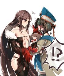 Rule 34 | !?, 2girls, bare shoulders, black dress, black hair, black jacket, blue headwear, blush, breasts, bridal gauntlets, brown eyes, brown hair, center opening, chinese clothes, choker, cleavage, collarbone, cropped jacket, doll, dress, earrings, fate/grand order, fate (series), fur-trimmed jacket, fur trim, hair ornament, hairpin, hat, highres, holding, holding doll, jacket, jewelry, long hair, long sleeves, looking at another, medium breasts, multiple earrings, multiple girls, open clothes, open jacket, orb, ribbon-trimmed dress, robe, seeds328, short hair, small breasts, smile, very long hair, white robe, wide sleeves, xu fu (fate), yu mei-ren (fate)