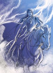 Rule 34 | 1boy, blue theme, boots, cape, fingolfin, holding, holding sword, holding weapon, horse, horseback riding, kazuki-mendou, tolkien&#039;s legendarium, lightning, looking at viewer, male focus, monochrome, one-hour drawing challenge, parted lips, riding, solo, sword, the silmarillion, weapon