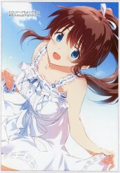 Rule 34 | 1girl, :d, absurdres, artist name, asoka, blue eyes, blue ribbon, blush, bow, breasts, brown hair, cloud, cloudy sky, collarbone, dated, day, dress, frilled dress, frills, hair bow, highres, idolmaster, idolmaster million live!, idolmaster million live! theater days, jewelry, leaning forward, looking at viewer, medium breasts, necklace, non-web source, open mouth, ponytail, pure onepiece (idolmaster), ribbon, satake minako, scan, sidelocks, skirt hold, sky, smile, solo, white dress, white ribbon, white wristband