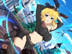 Rule 34 | 1girl, blonde hair, blue eyes, boots, breasts, cityscape, day, dual wielding, fighting stance, green eyes, gun, hat, heterochromia, holding, lamppost, large breasts, looking at viewer, navel, official art, ryouna (senran kagura), senran kagura, senran kagura new link, thigh boots, thighhighs, tongue, tongue out, weapon