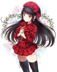 Rule 34 | 1girl, beret, black hair, black thighhighs, bow, bowtie, cowboy shot, earrings, flower, frills, hands up, hat, hat bow, hayama eishi, heart, heart earrings, highres, holding, holding flower, jewelry, long hair, miniskirt, mole, mole under eye, original, red bow, red bowtie, red eyes, red flower, red rose, rose, sidelocks, skindentation, skirt, solo, sparkle, standing, thighhighs, very long hair, zettai ryouiki