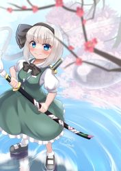 Rule 34 | 1girl, artist name, blue eyes, blue sky, blurry, blush, bow, bowtie, branch, breasts, buttons, cherry blossoms, closed mouth, collar, collared shirt, dress, flower, ghost, green dress, grey bow, grey bowtie, grey footwear, grey hair, grey hairband, hairband, hand up, highres, hitodama, katana, konpaku youmu, konpaku youmu (ghost), lake, looking at viewer, medium breasts, pink flower, puffy short sleeves, puffy sleeves, reflection, rital, shirt, shoes, short hair, short sleeves, signature, sky, smile, socks, solo, standing, sword, touhou, tree, water, weapon, white shirt, white socks
