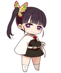Rule 34 | 1girl, black hair, butterfly hair ornament, chibi, closed mouth, full body, hair ornament, kimetsu no yaiba, long hair, looking at viewer, mota, purple eyes, side ponytail, simple background, skirt, smile, solo, sword, tsuyuri kanao, weapon, white background