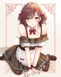 Rule 34 | 1girl, alternate costume, apron, bare shoulders, barmaid, black footwear, black thighhighs, blush, bow, bowtie, breasts, center frills, cleavage, collar, collarbone, corset, cross-laced clothes, detached collar, enmaided, frills, hair ornament, hairclip, headdress, highres, higuchi madoka, idolmaster, idolmaster shiny colors, looking at viewer, maid, maid headdress, mole, mole under eye, nail polish, purple eyes, red bow, red bowtie, red hair, shadow, short hair, short sleeves, sitting, small breasts, solo, thighhighs, two-tone dress, wariza, white collar, wristband, x hair ornament, yuzuyu (hyui)