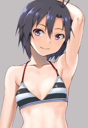 Rule 34 | 1girl, antenna hair, arm up, armpits, bare arms, bare shoulders, bikini, black hair, breasts, close-up, closed mouth, collarbone, commentary request, grey background, hair between eyes, hashi, idolmaster, idolmaster (classic), kikuchi makoto, looking at viewer, midriff, purple eyes, short hair, simple background, small breasts, smile, solo, striped bikini, striped clothes, swimsuit, toned, upper body