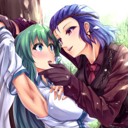 Rule 34 | 2girls, :d, :o, against tree, alternate costume, alternate hairstyle, aqua eyes, arm grab, arm up, armpits, belt, black vest, blue hair, blush, breasts, collared shirt, colored eyelashes, couple, day, detached sleeves, earrings, embarrassed, female focus, formal, gloves, grabbing another&#039;s chin, gradient hair, green hair, hair between eyes, hand on another&#039;s chin, hand on own chest, hand up, happy, headband, imminent rape, jewelry, kinntarou, kochiya sanae, large breasts, lips, long hair, long sleeves, multicolored hair, multiple girls, muscular, nature, neck, necktie, nervous, open mouth, outdoors, pant suit, pants, purple gloves, purple hair, purple suit, red eyes, red neckwear, round teeth, shirt, short hair, shy, sideboob, sleeveless, sleeveless shirt, smile, snake, suit, sweat, teeth, touhou, tree, upper body, vest, white detached sleeves, white shirt, yasaka kanako, yuri