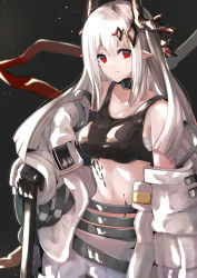Rule 34 | 1girl, akasabi, arknights, bare shoulders, black background, black choker, black gloves, breasts, choker, commentary request, cowboy shot, crop top, gloves, highres, horns, infection monitor (arknights), large breasts, long hair, looking at viewer, midriff, mudrock (arknights), mudrock (elite ii) (arknights), navel, off shoulder, open clothes, partial commentary, pointy ears, red eyes, sarashi, silver hair, solo, sports bra, standing, stomach