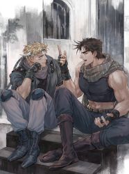 Rule 34 | 2boys, bare shoulders, battle tendency, belt, black gloves, blonde hair, blue footwear, blue gloves, blue jacket, boots, brown footwear, brown hair, caesar anthonio zeppeli, closed mouth, commentary request, crop top, cross-laced footwear, crossed ankles, denim, facial mark, feather hair ornament, feathers, fingerless gloves, gloves, green eyes, green scarf, hair ornament, hand up, head rest, headband, jacket, jeans, jojo no kimyou na bouken, joseph joestar, joseph joestar (young), knee pads, lace-up boots, large pectorals, light smile, looking at another, male focus, multiple boys, open mouth, pants, pectorals, pointing, pointing up, scarf, shinomaru, short hair, sidepec, signature, sitting, sitting on stairs, sleeveless, stairs, striped clothes, striped scarf, tight clothes, triangle print, white pants