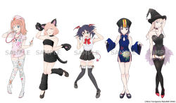 Rule 34 | 5girls, :o, alternate hairstyle, animal ears, animal hands, animal print, arm at side, arm behind head, artist name, bags under eyes, bandaged leg, bandages, bandeau, black dress, black footwear, black hair, black headwear, black legwear, black skirt, blood, blood on clothes, bloody bandages, blue dress, blunt bangs, bow, bowtie, breasts, butterfly print, cat ears, cat paws, cat tail, china dress, chinese clothes, claw pose, cleavage, closed mouth, collar, collarbone, company name, crossed legs, demon girl, demon tail, detached sleeves, dress, expressionless, facial mark, fake animal ears, fake tail, fang, floral print, frilled collar, frills, garter straps, green eyes, halloween costume, hat, head wings, high heels, highres, holding, holding syringe, jiangshi, katou asuka, kuroki tomoko, light brown hair, logo, long hair, looking at viewer, looking to the side, low twintails, mary janes, medium breasts, multiple girls, navel, nemoto hina, nurse, nurse cap, official alternate costume, official alternate hairstyle, official art, ofuda, open mouth, outstretched arms, pink dress, pink hair, pink headwear, pleated skirt, purple eyes, qingdai guanmao, red bow, red footwear, sample watermark, scratches, see-through, shirt, shoes, short dress, side-by-side, simple background, skin fang, skirt, sleeveless, sleeveless shirt, smile, standing, standing on one leg, stethoscope, stomach, syringe, tail, tamura yuri, tanigawa nico, thighhighs, torn clothes, torn dress, twintails, two side up, uchi emiri, unusually open eyes, watashi ga motenai no wa dou kangaetemo omaera ga warui!, watermark, whisker markings, white background, white shirt, wide sleeves, wings, witch hat, zombie pose